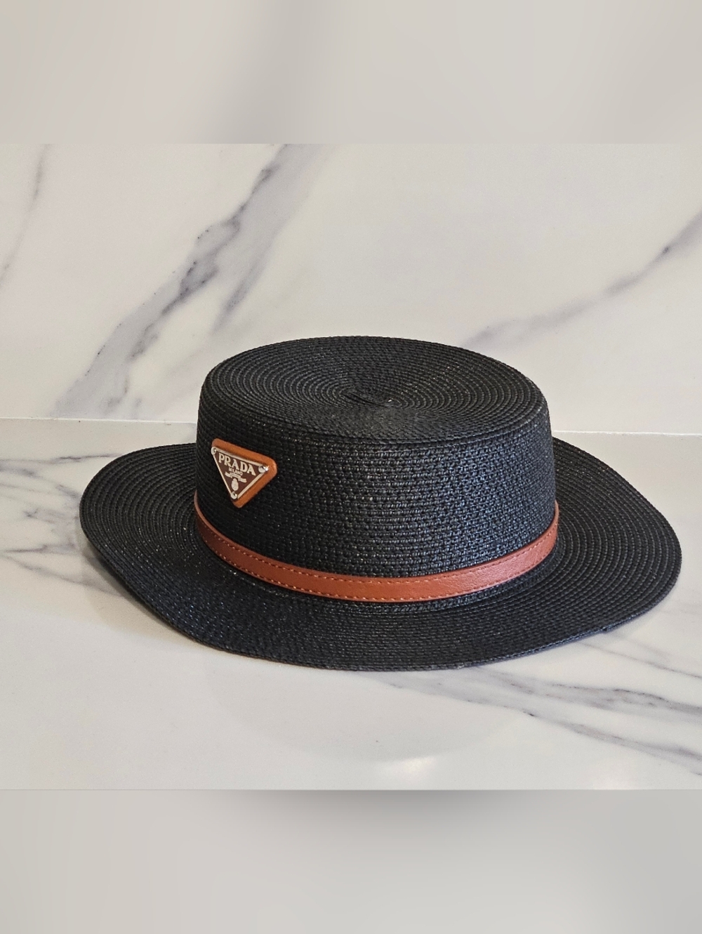 Black Straw Boater Hat with Brown Trim